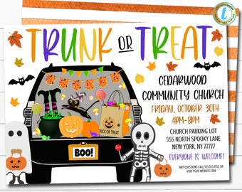 EDYTOWALNE zaproszenie Trunk or Treat Wydrukowane zaproszenie na Halloween, wydarzenie Halloween w kościele społecznościowym, Halloween dla dzieci, zaproszenie na imprezę Halloween