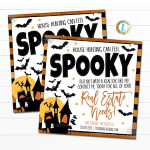 Etiquetas para presentes de corretor de imóveis de Halloween, caça à casa pode parecer assustadora, mas não comigo, negócio imobiliário, marketing de outono pop por tag, modelo editável
