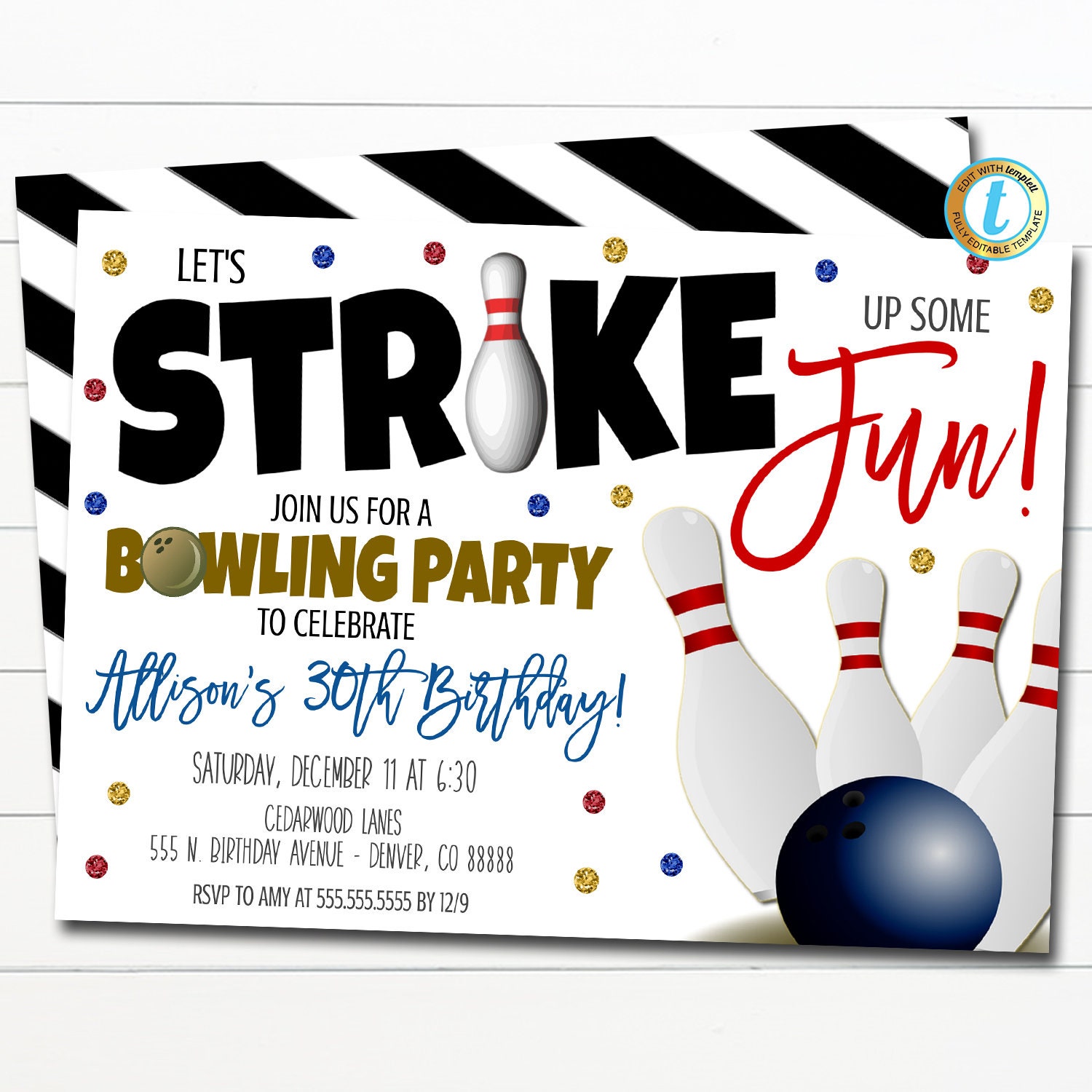 Bowling Party Invitation Adult Birthday Invite Strike up - Etsy