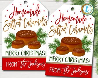 Christmas Gift Tags, Salted Caramels, Holiday Candy Homemade Bakery Treat Gift Tag, Secret Santa Teacher Xmas Label, DIY Editable Template