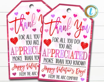 Valentine&#39;s Day Thank You Gift Tags, Teacher Staff Employee Nurse Volunteer Staff, Appreciation Tag, School pto pta, DIY Editable Template