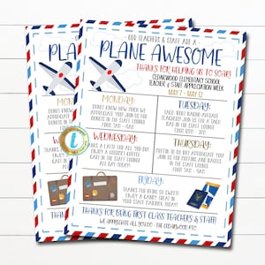 Travel Teacher Appreciation Week Itinerary, You are Plane Awesome First Class World Theme, School Schedule of Events, DIY EDITABLE TEMPLATE