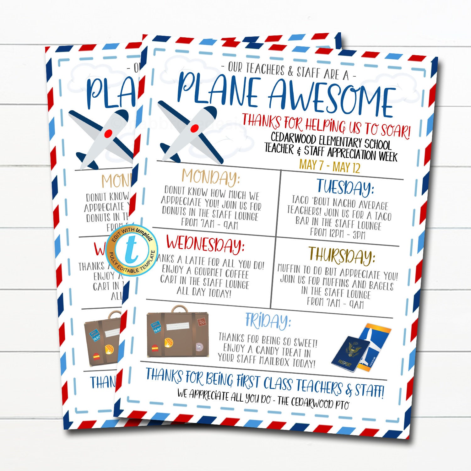 Travel Teacher Appreciation Week Itinerary, You are Plane Awesome First Class World Theme, School Schedule of Events, DIY EDITABLE TEMPLATE