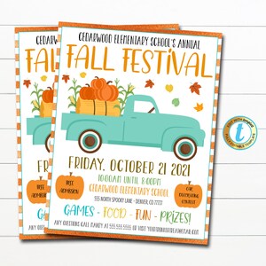 May include: A printable invitation for a fall festival at Cedarwood Elementary School. The invitation features a teal blue pickup truck with a bed full of pumpkins and fall leaves. The text reads "Cedarwood Elementary School's Annual Fall Festival" and "Friday, October 21, 2021, 10:00am until 8:00pm".