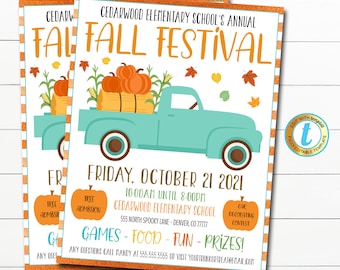 Op de afbeelding: Een printbare uitnodiging voor een herfstfestival op Cedarwood Elementary School. De uitnodiging toont een tealblauwe pick-up truck met een laadbak vol pompoenen en herfstbladeren. De tekst luidt "Cedarwood Elementary School's Annual Fall Festival" en "Friday, October 21, 2021, 10:00am until 8:00pm".