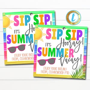 Sip Sip Hooray Summer Vacay Teacher Thank You Tag, Tropical Beach Teacher Appreciation End Of School Year Teacher Gift DIY Editable Template