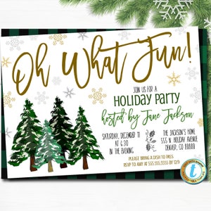 Christmas Tree Party Invitation, Oh What Fun Gold Green Buffalo Plaid Farmhouse Invite Holiday Housewarming Cocktail Party Editable Template