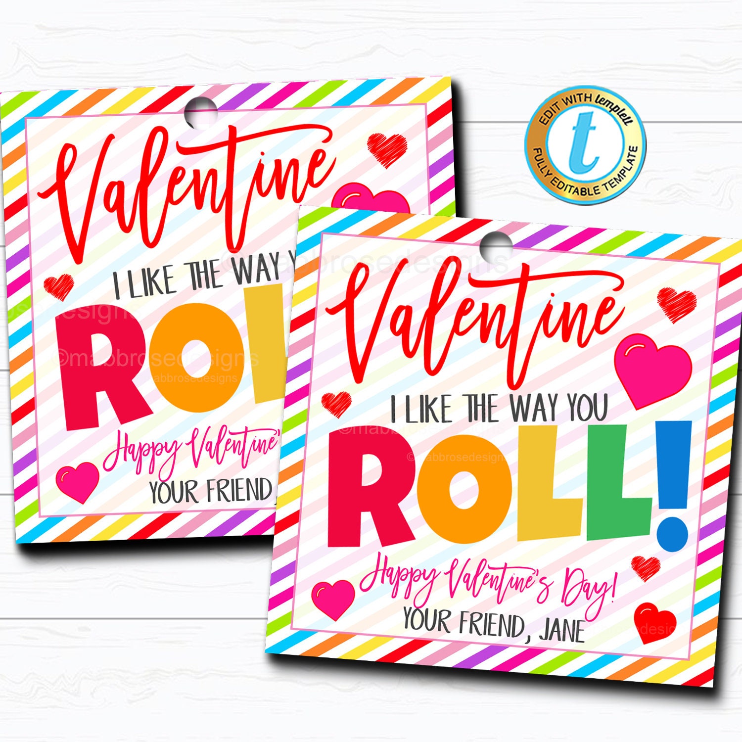 valentine gift tags, i like the way you roll rainbow candy