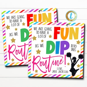 Cheer Gift Tags, Dip Into This Routine, Candy Treat Tags, Dance Pom Cheer Team, Girl Cheerleader Favor Tag, Valentine, DIY Editable Template