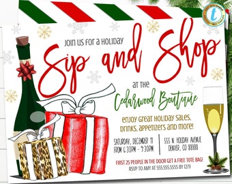 May include: A red and white striped invitation with a green border. The invitation is for a Sip and Shop event at the Cedarwood Boutique. The event is on Saturday, December 11th from 6:30 PM to 9:30 PM. The address is 555 N. Holiday Avenue, Denver, CO 88888. The first 25 people to arrive will receive a free tote bag. RSVP to Amy at 555.555.5555 by 12/9.