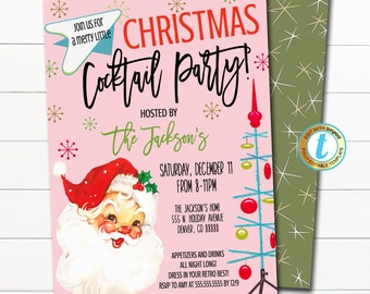 Op de afbeelding: Een roze en groene kerstfeestuitnodiging met een retro-illustratie van de kerstman. De uitnodiging luidt: "Doe mee met ons voor een vrolijk klein kerstcocktailfeest! Georganiseerd door de Jacksons. Zaterdag 11 december van 20:00 tot 23:00 uur. Het huis van de Jacksons 555 N. Holiday Avenue Denver, CO 88888. Hapjes en drankjes de hele nacht! Kleed je in je beste retro-outfit! RSVP aan Amy op 555.555.5555 vóór 12/9."