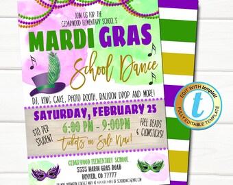 Pode incluir: Um convite para um baile escolar de Mardi Gras com um esquema de cores roxo, verde e dourado. O convite apresenta um fundo de aquarela com uma máscara de Mardi Gras roxa e verde, um chapéu de copa roxo e dourado e uma corrente de contas. O texto do convite diz "Mardi Gras School Dance" e inclui detalhes sobre o evento, como a data, a hora e o local.