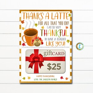 Titular de la tarjeta de regalo de café de Acción de Gracias, Gracias a un café con leche por todo lo que hace, Personal de agradecimiento de otoño, Pto Pta de la escuela de maestros, Plantilla editable