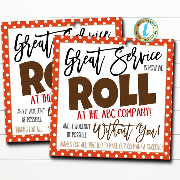 Thank You Gift Tags, Great Service is How We Roll Staff employee appreciation Week, Corporate Company Candy Gift Tag, DIY Editable Template