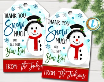 Christmas Gift Tags, Thank You Snow Much For All You Do, Teacher Staff Employee Holiday Gift, Editable Template, DIY Self-Editing Download