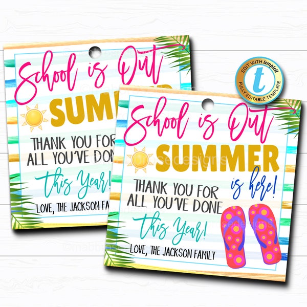 School's Out Summer is Here Teacher Thank You Tag, Tropical Beach Teacher Appreciation End Of School Year Teacher Gift DIY Editable Template