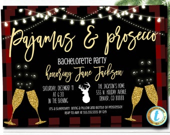Pyjama & Prosecco kerstfeestuitnodiging, Bachelorette Holiday Party Plaid Uitnodigen, Cocktail Party, Sjabloon DIY Zelfbewerking Download