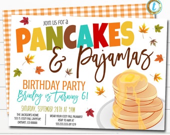 Inbjudan till höstpannkakor och pyjamas, redigerbar pannkaka- och pyjamasfödelsedagsfest, höstbrunch, frukost, skolklassrum, gör-det-själv-mall