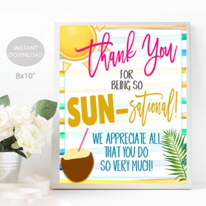 Appreciation Sign, Thanks for Being Sun-sational, Tropical Beach Teacher Staff Employee Nurse Volunteer Printable Decor, INSTANT DOWNLOAD