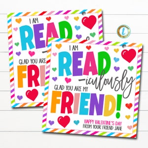 Étiquettes cadeaux de la Saint-Valentin, je suis heureux que nous soyons amis, marque-page de la Saint-Valentin, idée d'étiquette de carte d'école pour enfants en classe, modèle modifiable à faire soi-même