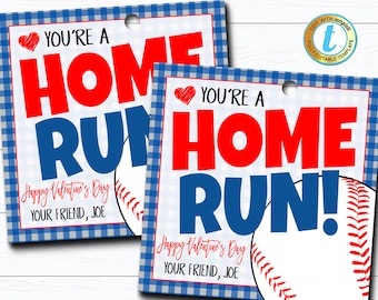 May include: Two printable Valentine's Day cards with a blue and white gingham background. The cards feature a baseball with the text "You're a Home Run!" in red and blue letters. The text "Happy Valentine's Day" and "Your Friend, Joe" are also included on the cards.
