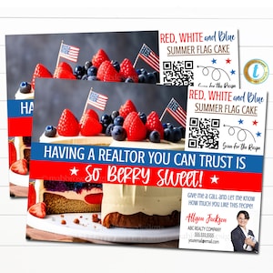 4. Juli Grundbesitz-Postkarte, Grundbesitz-Flaggenkuchen-Rezeptkarte, Realtor Summer Mailer-Kunde Kunden-Immobilienmarketing, EDITIERBAR
