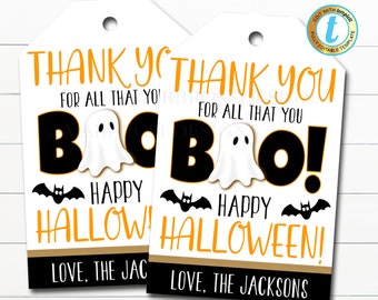 May include: Two white thank you tags with orange and black text. The text says "Thank you for all that you BOO! Happy Halloween!" with a ghost and bats. One tag says "Love, The Jacks" and the other says "Love, The Jacksons".