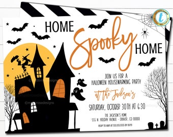 May include: A Halloween housewarming party invitation with a black silhouette of a haunted house, bats, a witch, and ghosts. The text reads "Home Spooky Home Join us for a Halloween Housewarming Party at the Jackson's Saturday, October 30th at 6:30 The Jackson's Home 555 N. Holiday Avenue - Denver, CO 88888 RSVP to Amy at 555.555.5555 by 10/19"