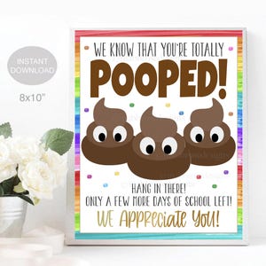 May include: An 8x10 inch printable sign with a rainbow border. The sign reads "We know that you're totally pooped! Hang in there! Only a few more days of school left! We appreciate you!" There are three cartoon poop emojis with eyes.