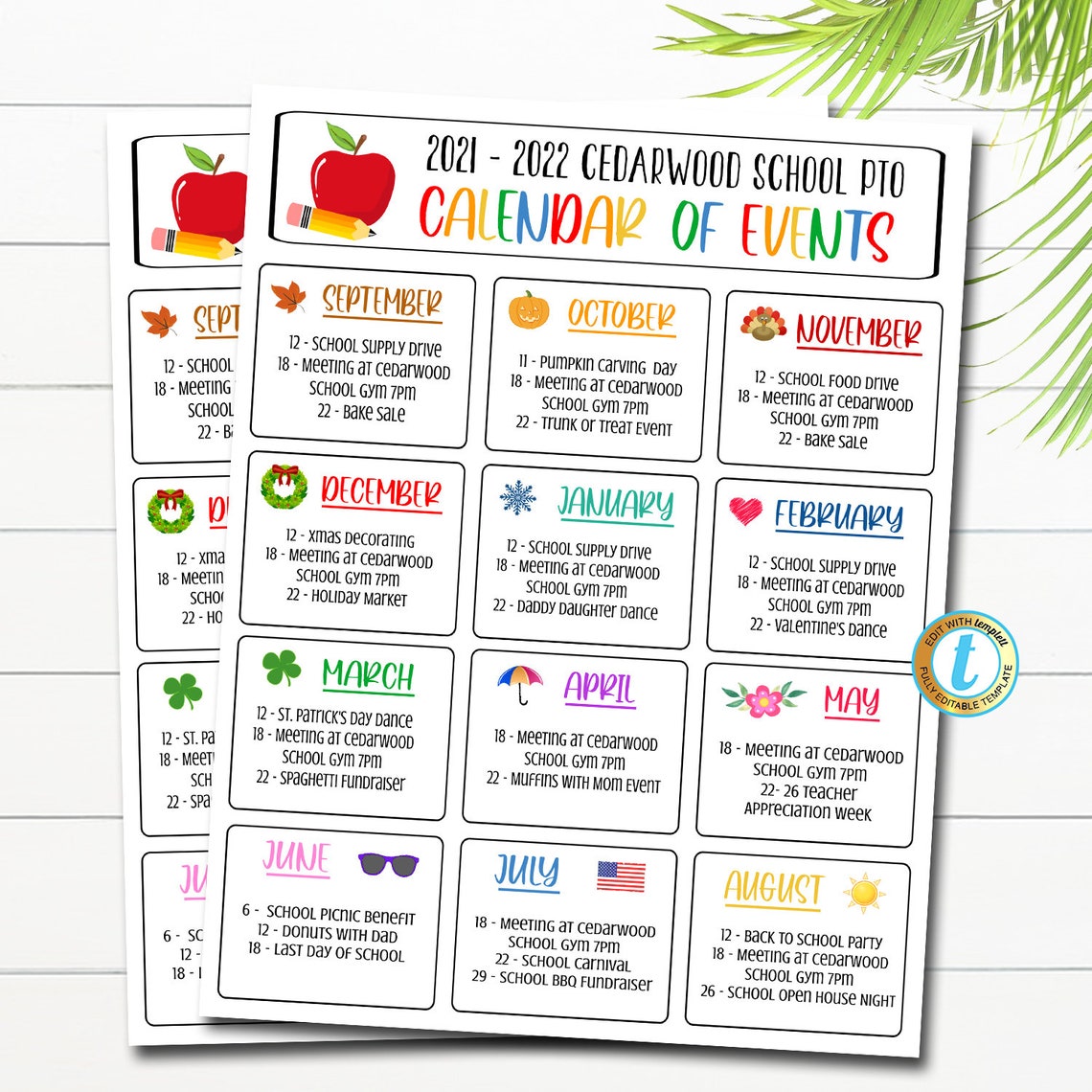 Printable/editable PTO PTA Monthly Events Template Pto/pta Etsy