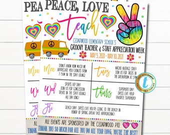 Teacher Appreciation Week Itinerary, Peace Love Teach, Groovy Hippie 60's 70's Tie Dye Theme, Schedule Events Printable EDITABLE TEMPLATE