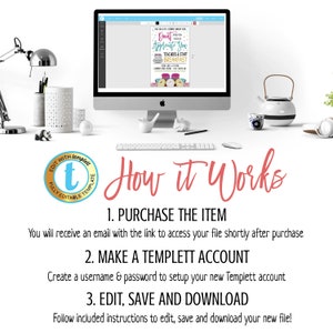 May include: A computer screen displaying a printable sign that says "Donut Appreciate You" with a donut theme. The sign is for a teacher appreciation breakfast. The text below the screen says "How it Works" and lists three steps: Purchase the item, Make a Templett Account, and Edit, Save and Download.