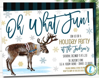 May include: A blue and white holiday party invitation with a watercolor illustration of a reindeer. The text reads "Oh What Fun!" and includes details about the party, including the date, time, and location.