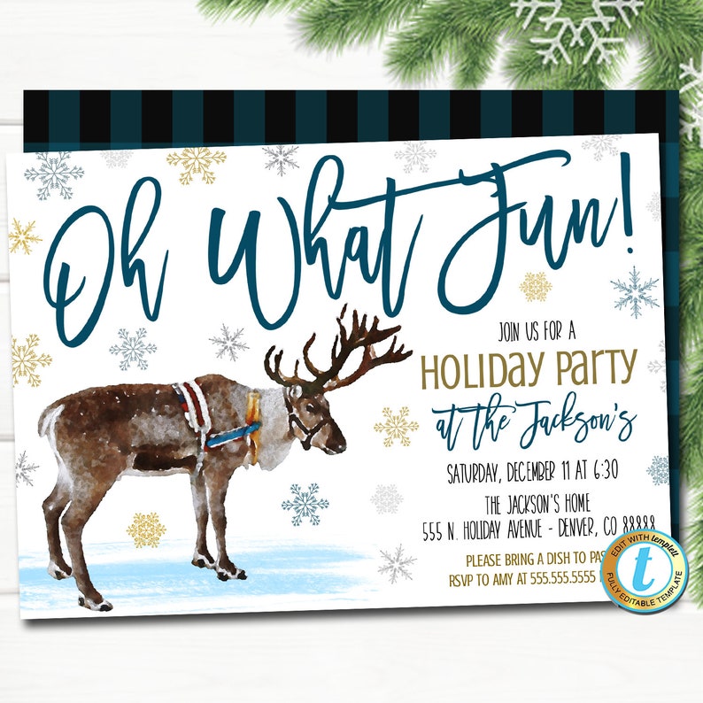 Christmas Party Invitation Oh What Fun Blue Buffalo Plaid Rustic Farmhouse Invite Holiday Housewarming Watercolor Reindeer Editable Template