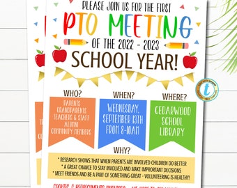 May include: A colorful printable flyer for a PTO meeting at Cedarwood School. The flyer has a red apple, pencils, and a banner with the text "PTO Meeting of the 2022-2023 School Year!"  The flyer also includes information about who, when, where, and why to attend the meeting.  The meeting is on Wednesday, September 13th from 8-10am in the Cedarwood School Library.