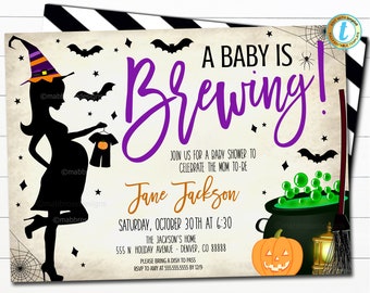 May include: A Halloween-themed baby shower invitation with a silhouette of a pregnant witch holding a baby onesie. The invitation reads "A Baby is Brewing!" and includes details for the event, such as the date, time, location, and RSVP information.