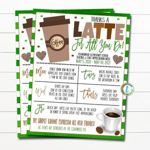 Teacher Appreciation Week Itinerary, Coffee Theme, Thanks a Latte Employee Nurse Staff School pto pta Schedule Printable, EDITABLE TEMPLATE
