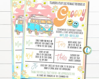 Teacher Appreciation Week Itinerary, Peace Love Teach, Groovy Hippie 60's 70's Tie Dye Theme, Schedule Events Printable EDITABLE TEMPLATE
