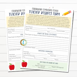 May include: Two printable teacher request forms with a red apple graphic. The form is for teachers to request items from the school PTA for their classrooms. The form includes sections for the date of the request, the teacher's name, phone number, item needed by, email, classroom number, and a section to explain the request in detail. The form also includes a section for purchasing information, including vendor name, vendor website, item SKU and description, price, tax, delivery, and shipping. The form also includes a section for the school PTO board use only, including the date, request is approved, check number, and request is not approved.