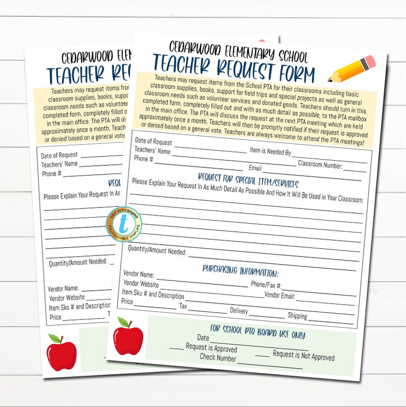Printable PTO PTA Teacher Request Form, School Donations Form, Supplies ...