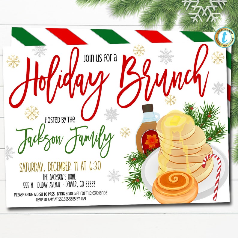 Invitación a brunch navideño, invitación a evento de Navidad, personal de maestros de escuela, fiesta de Navidad de trabajo de empresa, desayuno imprimible, PLANTILLA EDITABLE DE BRICOLAJE imagen 1