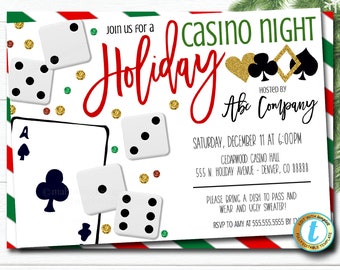 Puede incluir: Un fondo a rayas rojo y verde con una tarjeta blanca que presenta un as de tréboles negro. La tarjeta está rodeada de dados blancos y purpurina dorada. El texto "Join us for a casino night holiday" está en rojo y verde. El texto "Hosted by Abe Company" está en negro. El texto "Saturday, December 11 at 6:00PM Cedarwood Casino Hall 555 N. Holiday Avenue - Denver, CO 88888 Please bring a dish to pass and wear and ugly sweater! RSVP to Amy at 555.555.5555 by 17" está en negro.