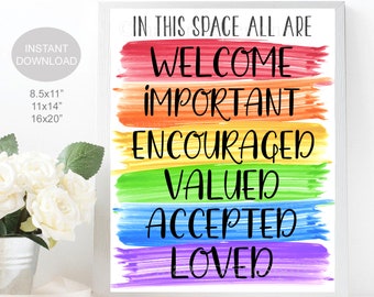 All Are Welcome Classroom Diversity Poster, You Are Valued Loved Accepted, Social Worker Office Decor, Teacher School Counselor Printable