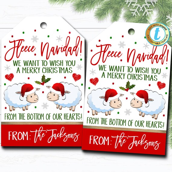 Christmas Gift Tags, Fleece Navidad, Teacher Staff Employee Holiday Gift, Blanket Mitten Sock Tag Editable Template, Self-Editing Download