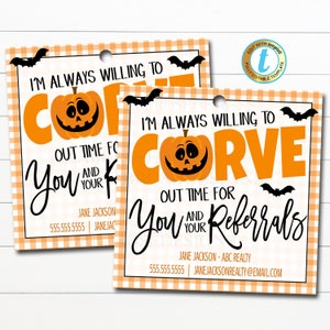 May include: Two orange and black Halloween-themed business cards with a pumpkin and bat design. The text on the cards reads "I'm always willing to carve out time for you and your referrals".