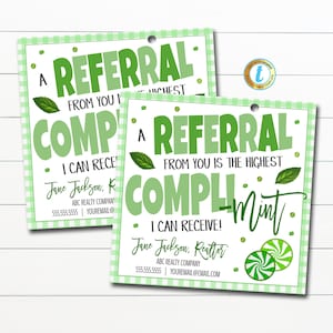 Mint Realtor Pop By Tag, Verwijzingen van u is een compli-mint, Small Business Marketing Banking Hypotheekcliënt Afdrukbare, bewerkbare sjabloon