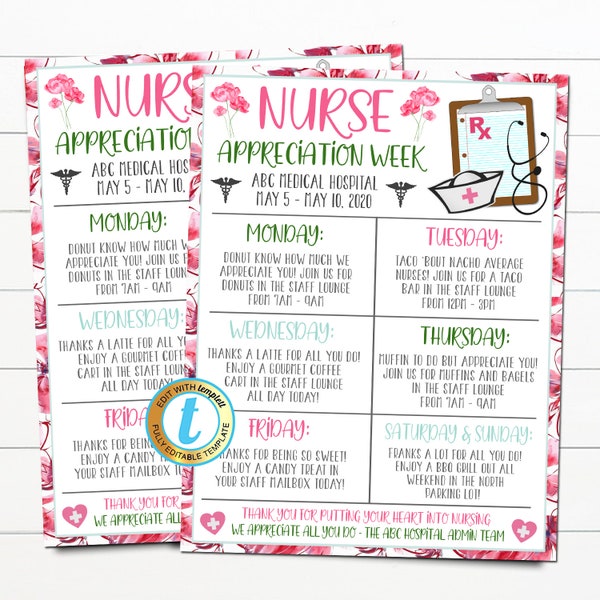 Nurse Appreciation Week Itinerary, Thank You Healthcare Workers Event, Hospital Staff Nurse Appreciation Schedule, INSTANT DOWNLOAD Template