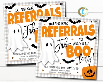 May include: Square Halloween-themed cards with orange text that reads "You and Your Referrals" and "Fab-BOO-lous!" A white ghost, black bats, and a jack-o'-lantern decorate the cards. The background has a gray and white checkered pattern.