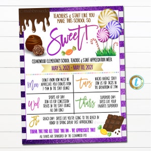 Reiseplan für die Woche der Lehrer Wertschätzung, Candy Sweet Theme, du bist die süßeste Schule pto pta Personal Stundenplan Ereignisse druckbar EDITIERBARE VORLAGE