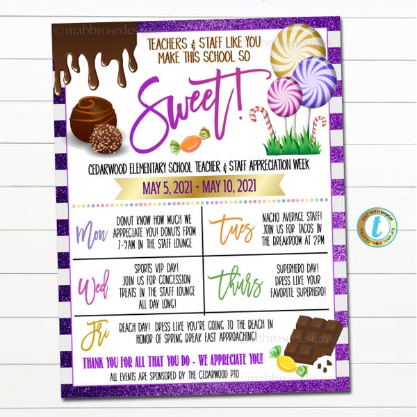 Teacher Appreciation Week Itinerary, Candy Sweet Theme, You're the Sweetest School pto pta Staff Schedule Events Printable EDITABLE TEMPLATE